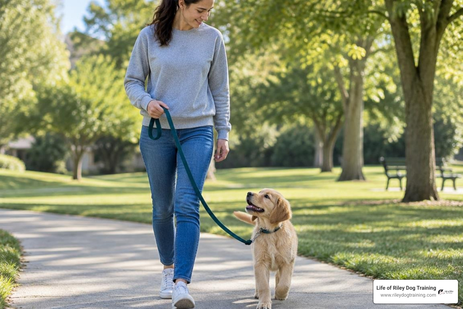 Puppy walking calmly on a loose leash beside owner Puppy walking calmly on a loose leash beside owner