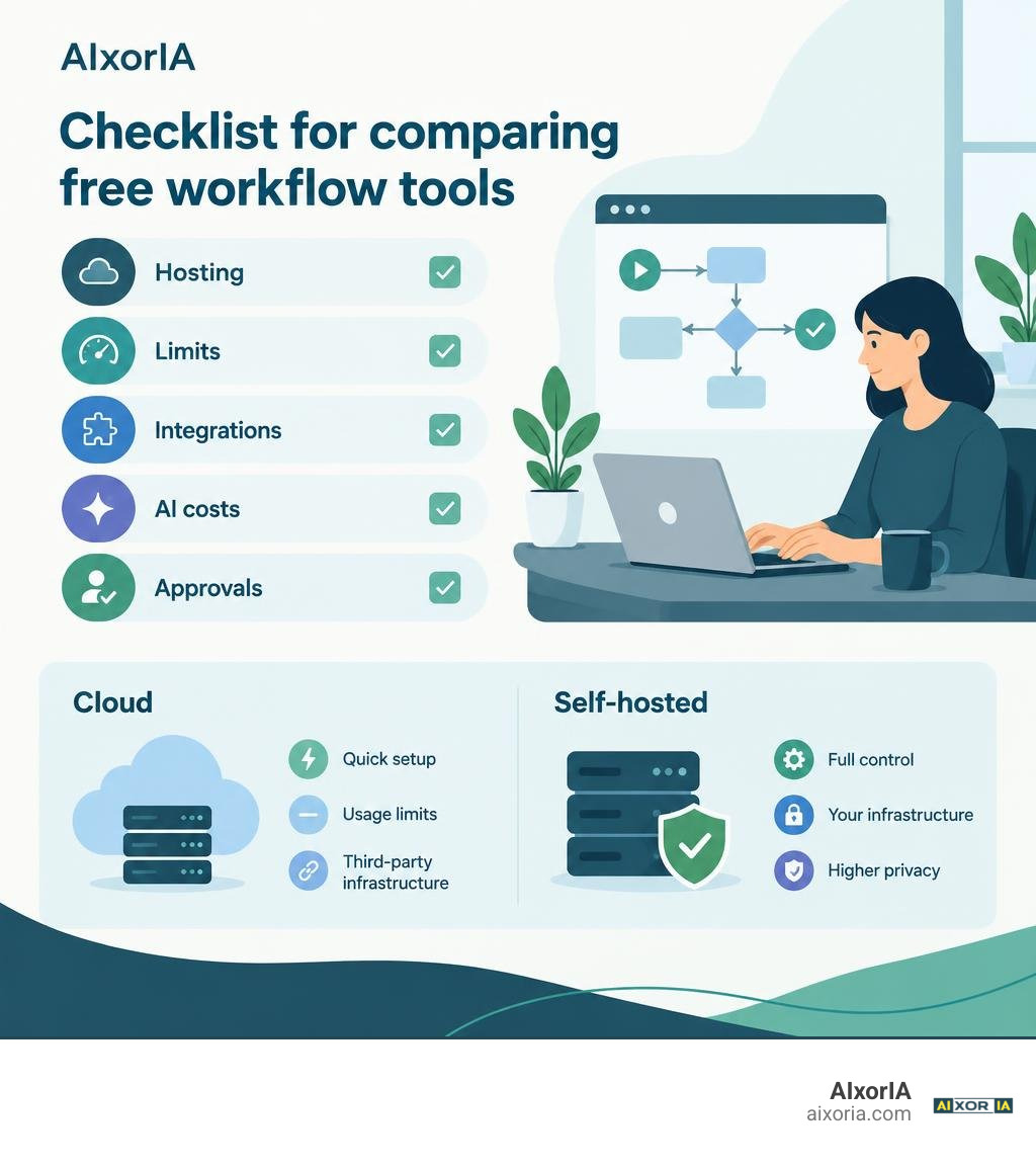 Checklist for comparing free workflow tools: hosting, limits, integrations, AI costs, and approvals infographic