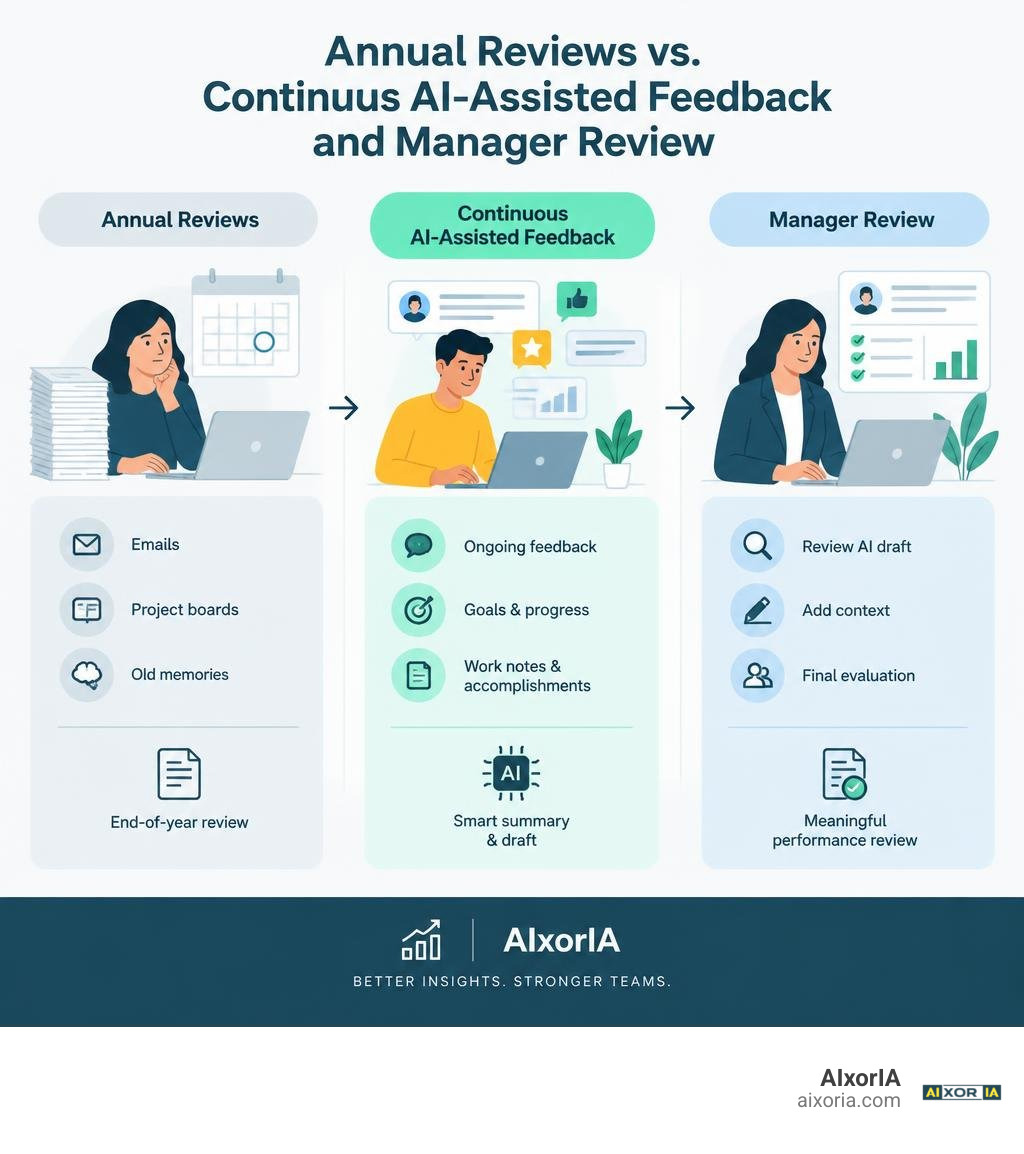 Annual reviews compared with continuous AI-assisted feedback and manager review infographic