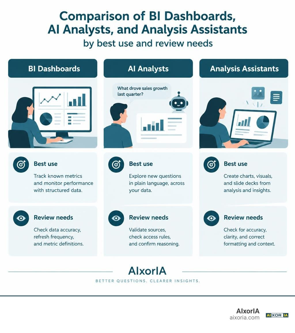 Comparison of BI dashboards, AI analysts, and analysis assistants by best use and review needs infographic