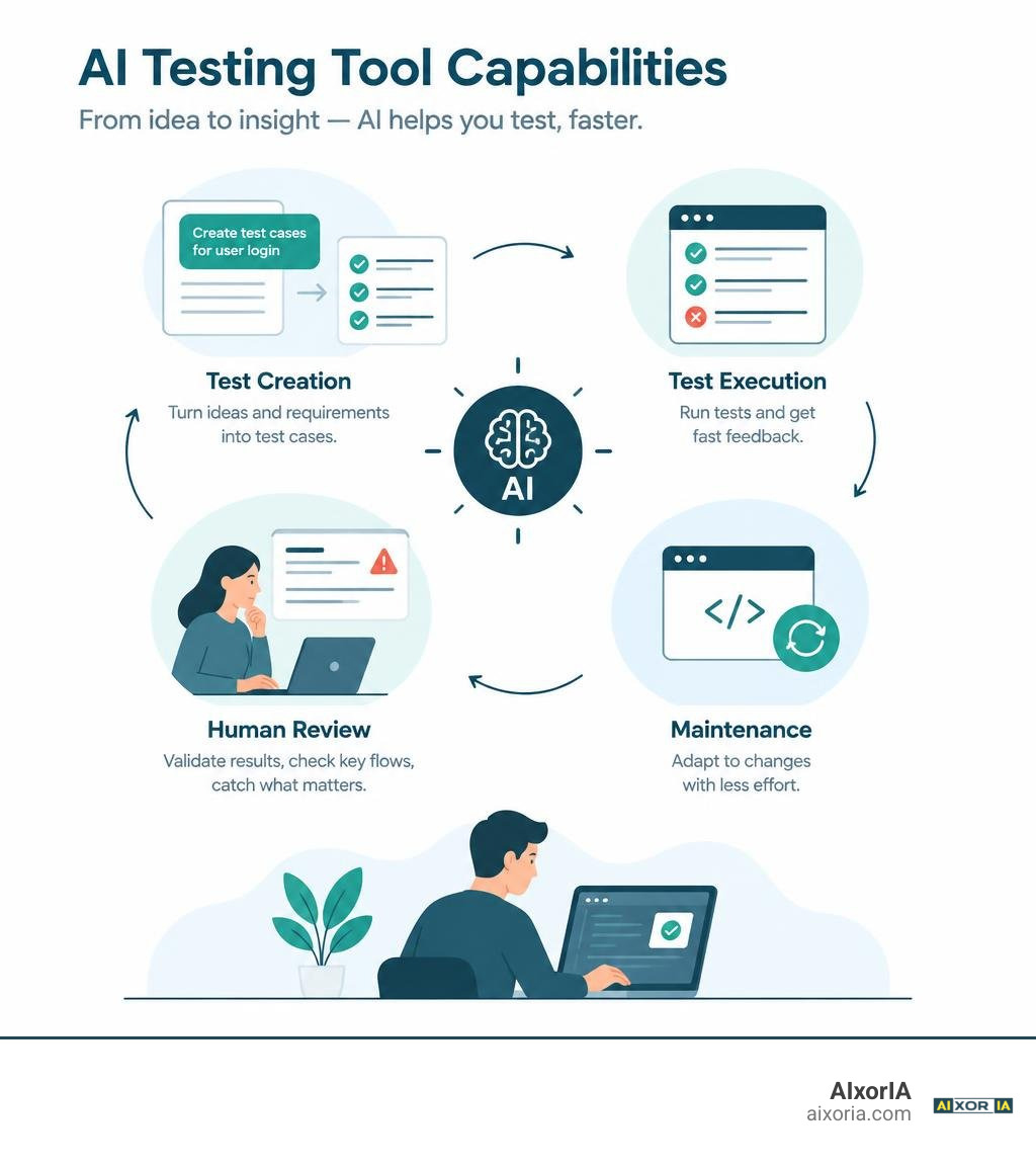 AI testing tool capabilities: test creation, execution, maintenance, and human review infographic AI testing tool capabilities: test creation, execution, maintenance, and human review infographic