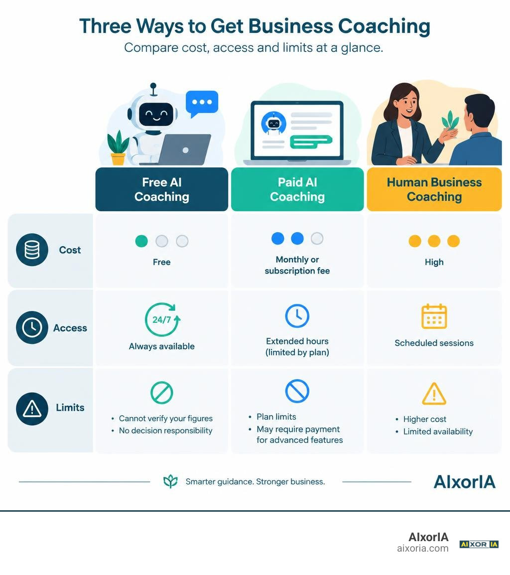 Comparison of free AI coaching, paid AI coaching, and human business coaching by cost, access, and limits infographic
