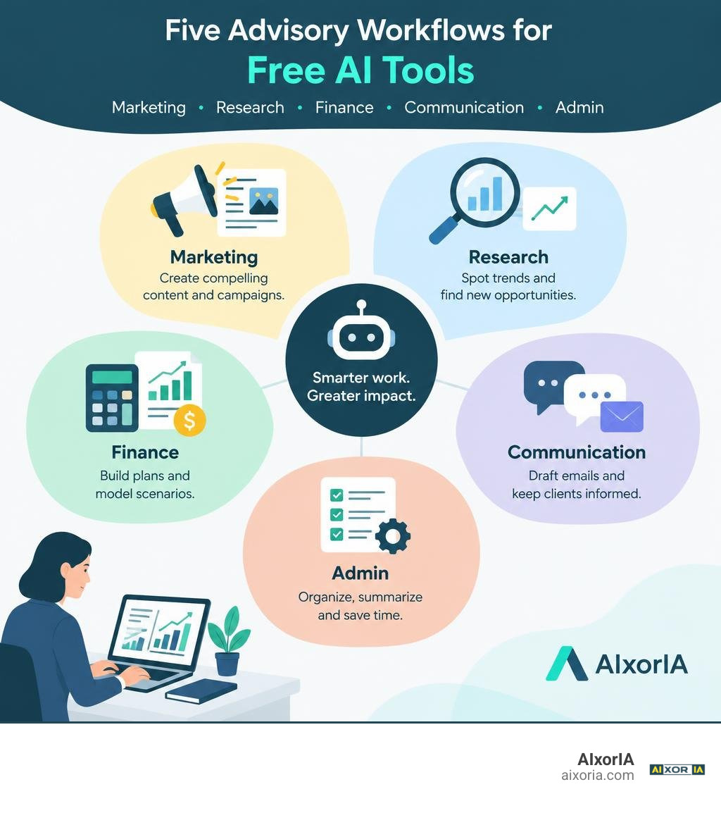 Five advisory workflows for free AI tools: marketing, research, finance, communication, and admin infographic Five advisory workflows for free AI tools: marketing, research, finance, communication, and admin infographic