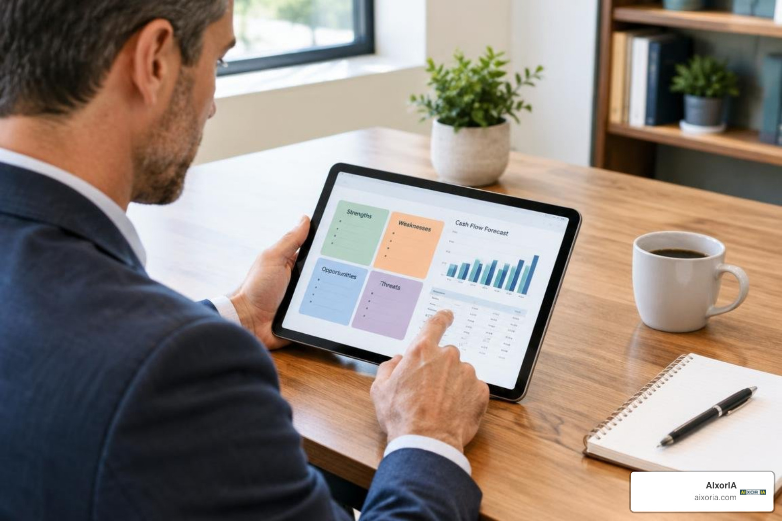 Mockup of an AI-generated SWOT analysis and cash flow advisory report Mockup of an AI-generated SWOT analysis and cash flow advisory report