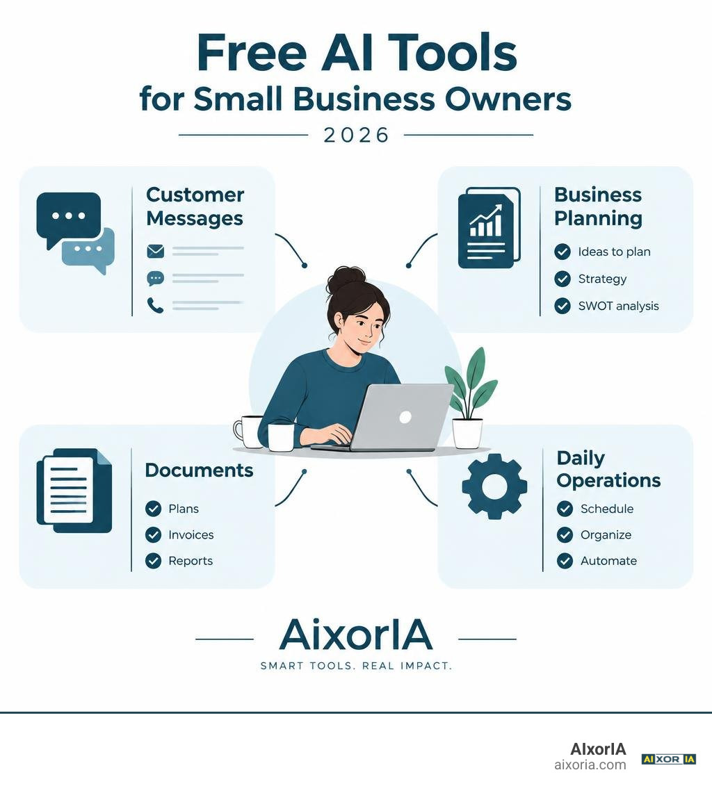 Free AI tools matched to customer messages, business planning, documents, and daily operations infographic