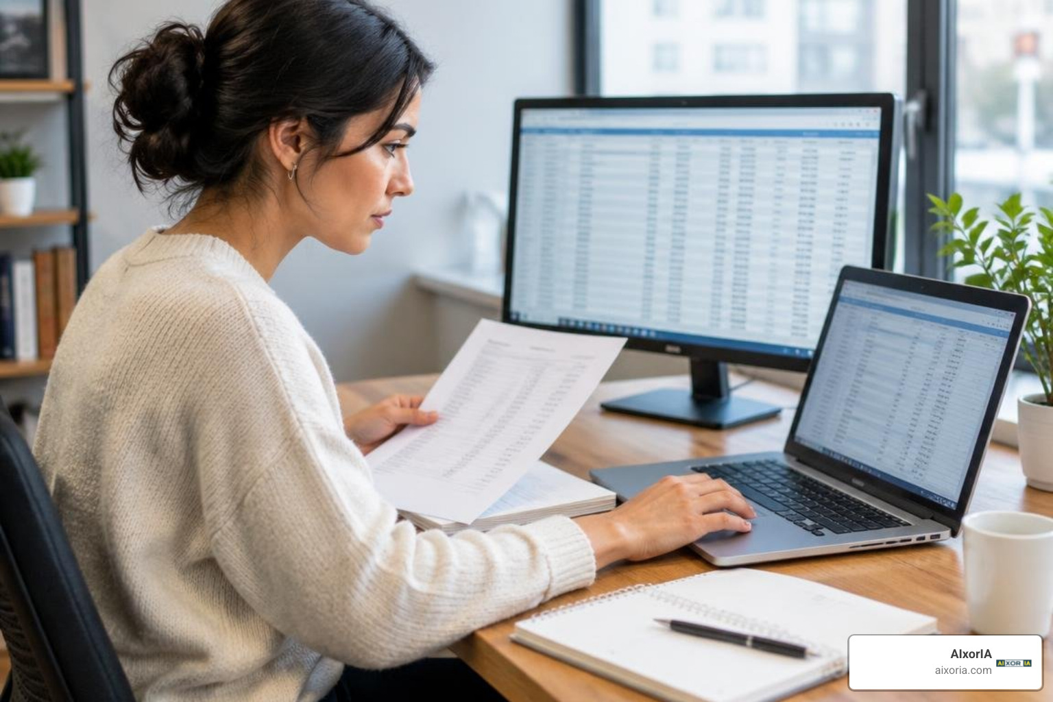 small business owner verifying AI-generated financial metrics against accounting software