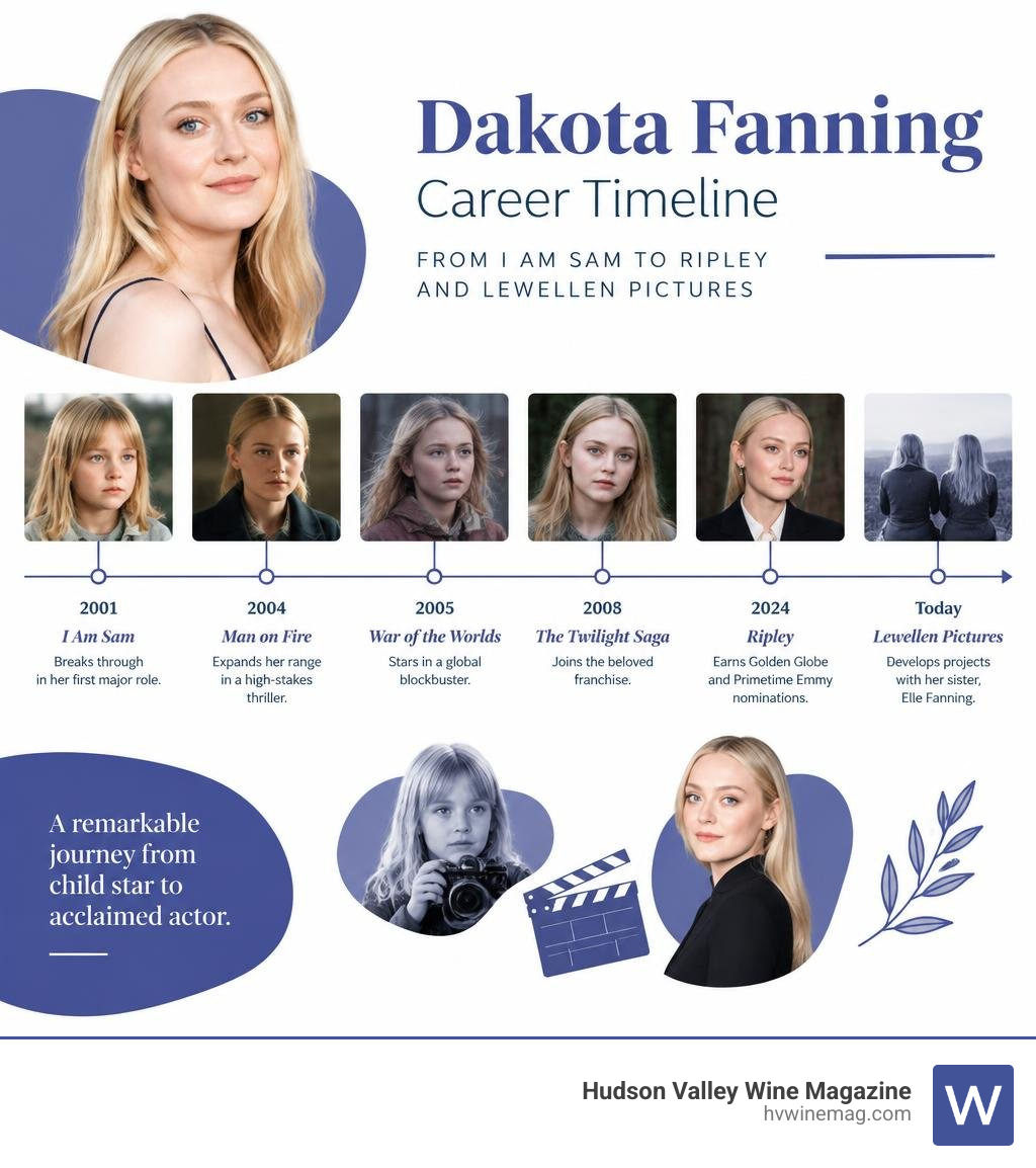 Dakota Fanning career timeline from I Am Sam to Ripley and Lewellen Pictures infographic Dakota Fanning career timeline from I Am Sam to Ripley and Lewellen Pictures infographic