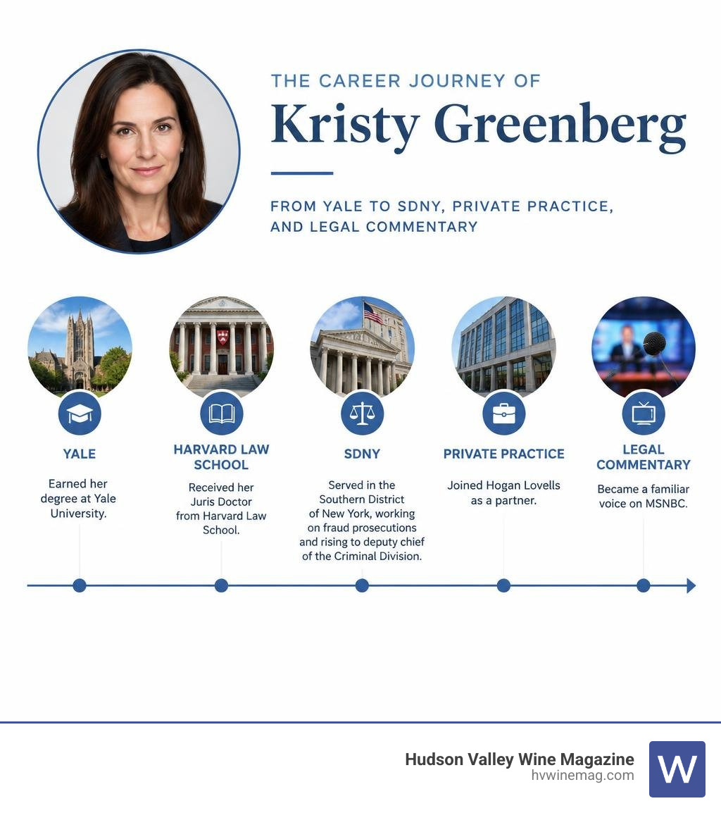 Timeline of Kristy Greenberg's career from Yale to SDNY, private practice, and legal commentary infographic Timeline of Kristy Greenberg's career from Yale to SDNY, private practice, and legal commentary infographic