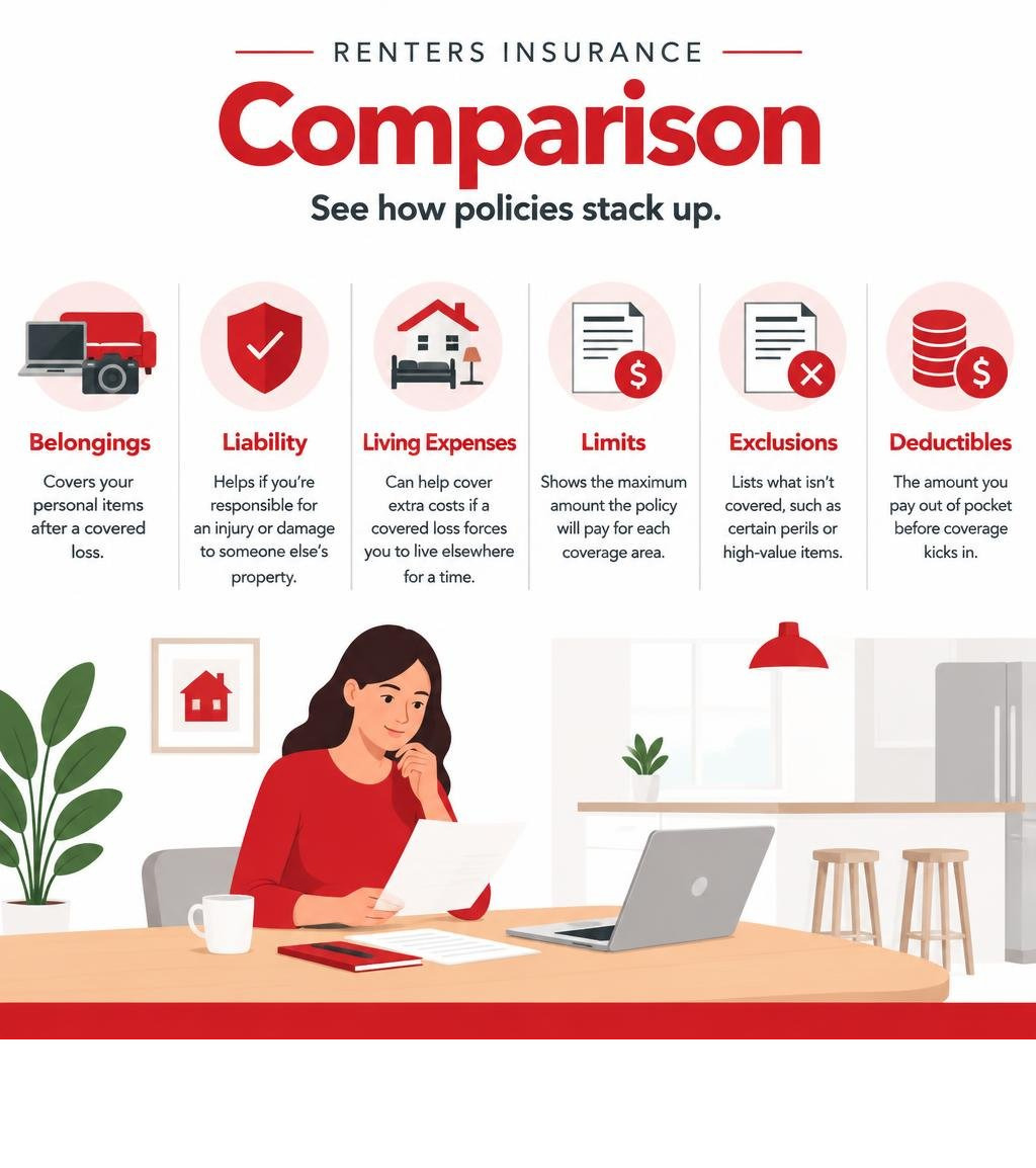 Renters insurance comparison of belongings liability living expenses limits exclusions and deductibles infographic Renters insurance comparison of belongings liability living expenses limits exclusions and deductibles infographic
