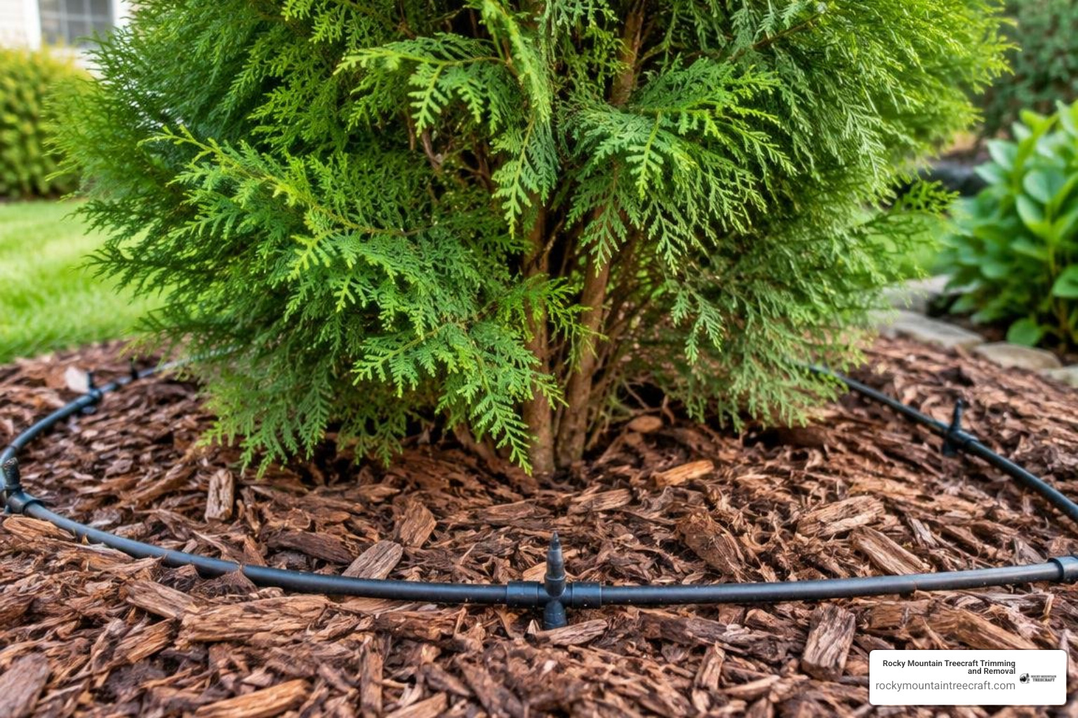 mulched base of an evergreen tree with proper drip irrigation setup