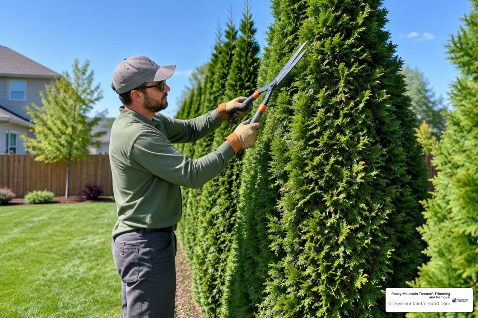 arborist carefully pruning and tapering an evergreen privacy hedge