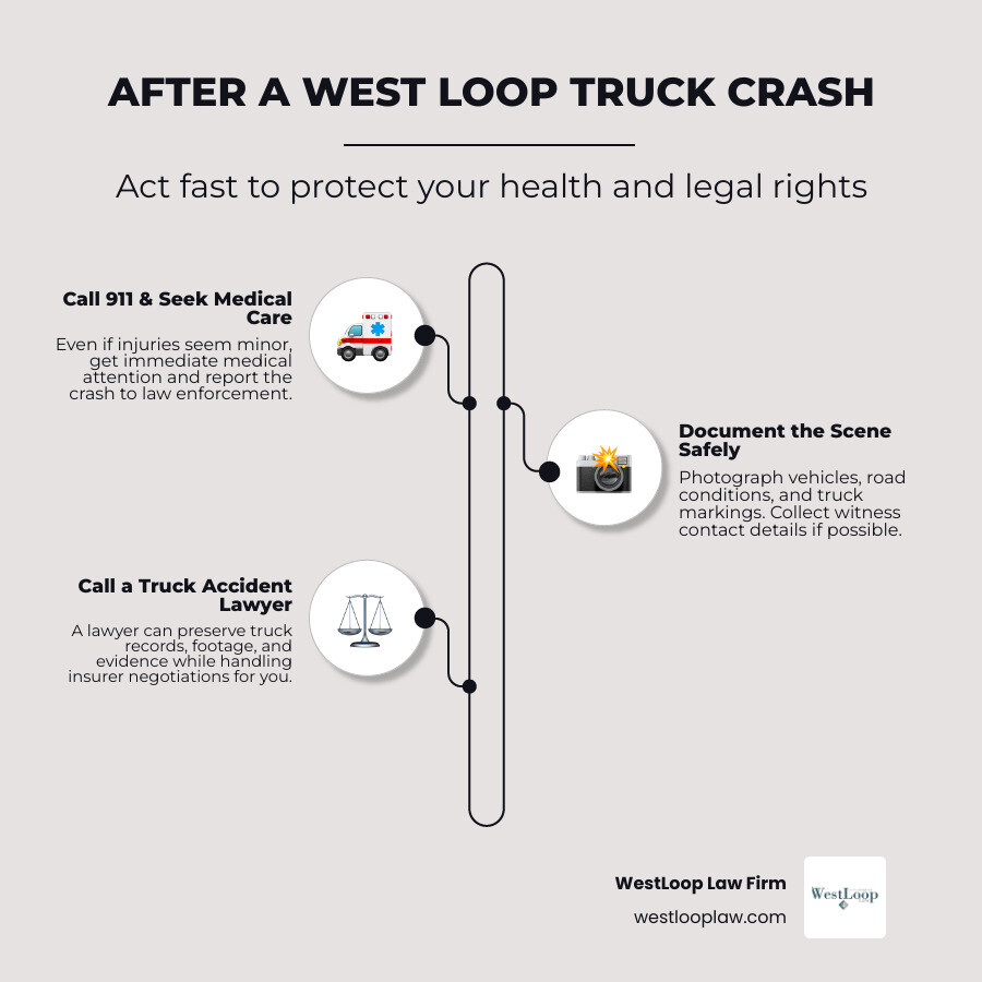 First steps after a truck crash and the timeline for preserving key evidence infographic First steps after a truck crash and the timeline for preserving key evidence infographic