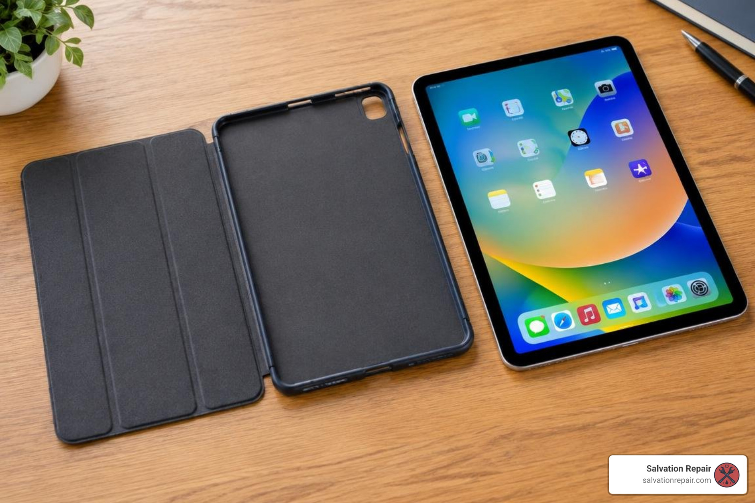 Fully restored iPad screen next to a protective case