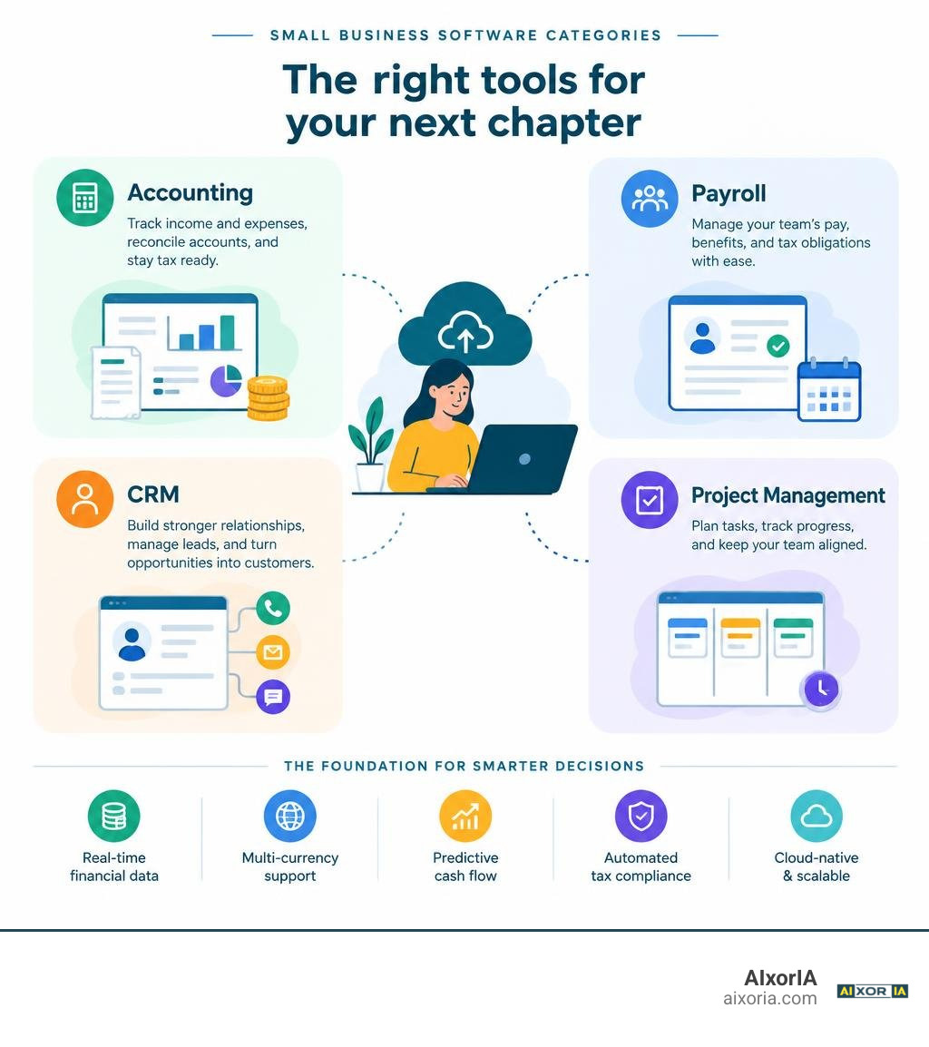 Small business software categories: accounting, payroll, CRM, and project management infographic