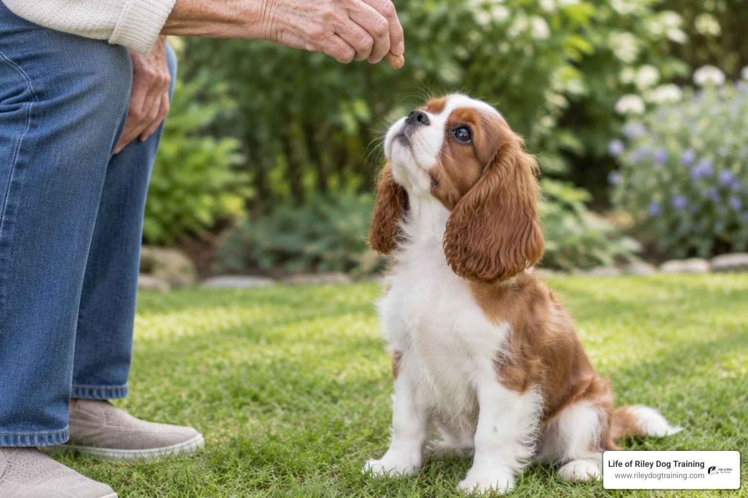 Owner luring puppy into sit position Owner luring puppy into sit position