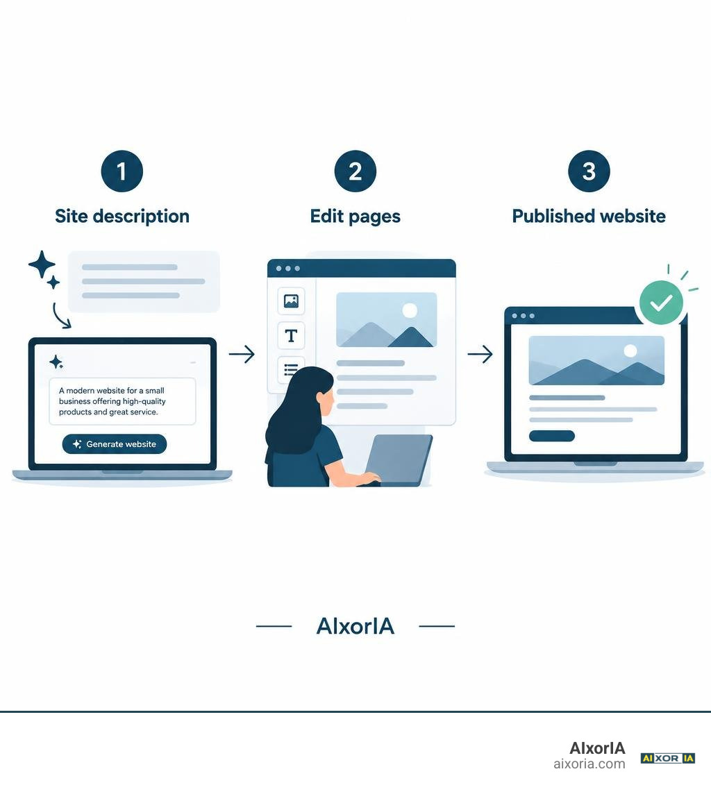 Infographic showing a site description becoming editable pages, a review step, and a published website infographic