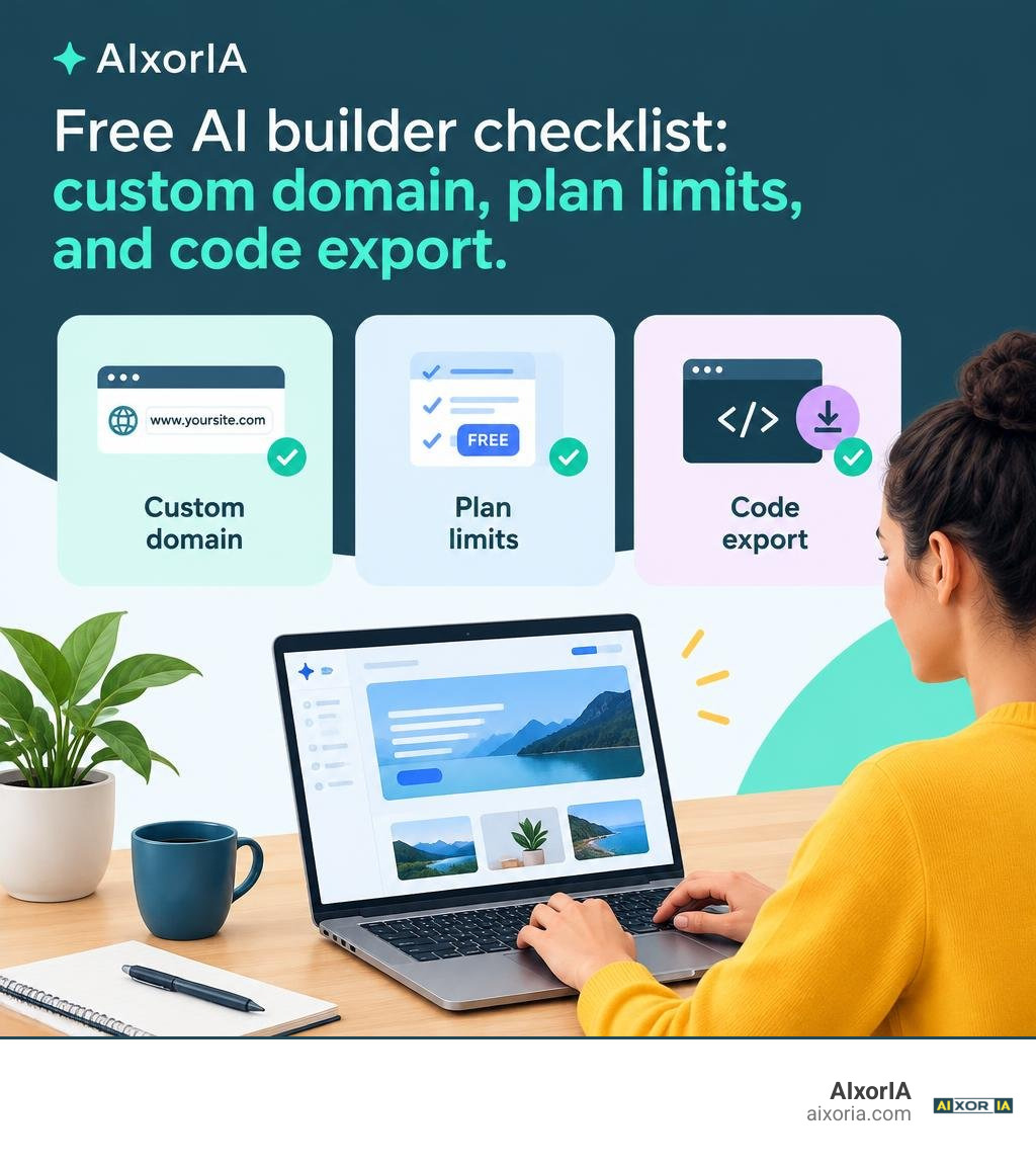 Free AI builder checklist: custom domain, plan limits, and code export infographic