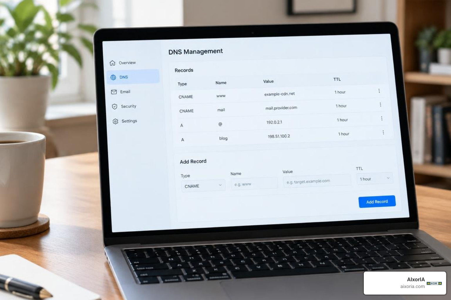 DNS management panel showing CNAME and A record settings