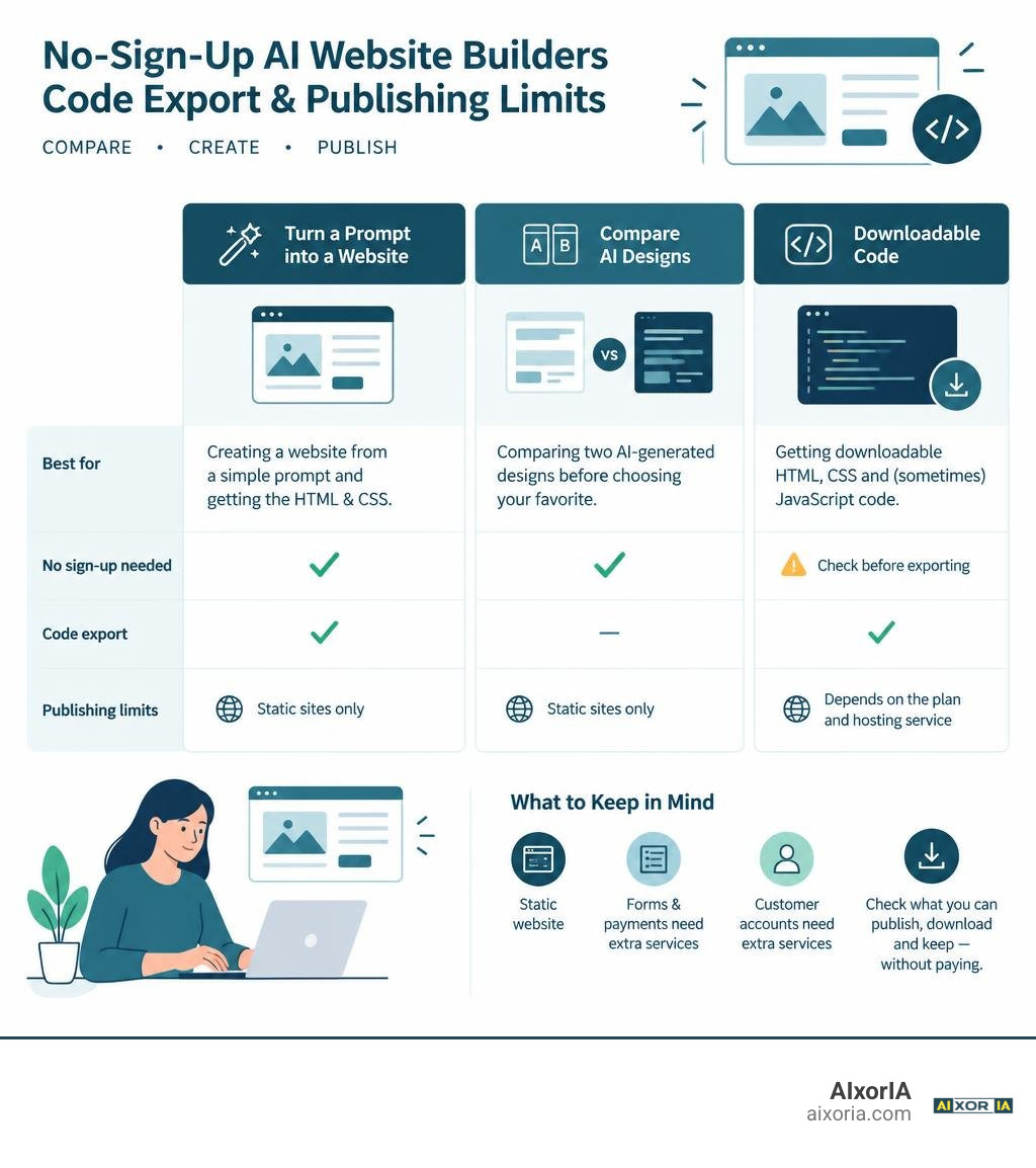Comparison of no-sign-up AI website builders, code export, and publishing limits infographic