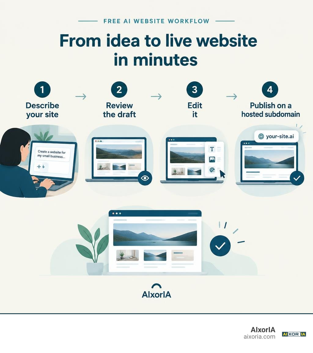 Free AI website workflow: describe your site, review the draft, edit it, and publish on a hosted subdomain infographic