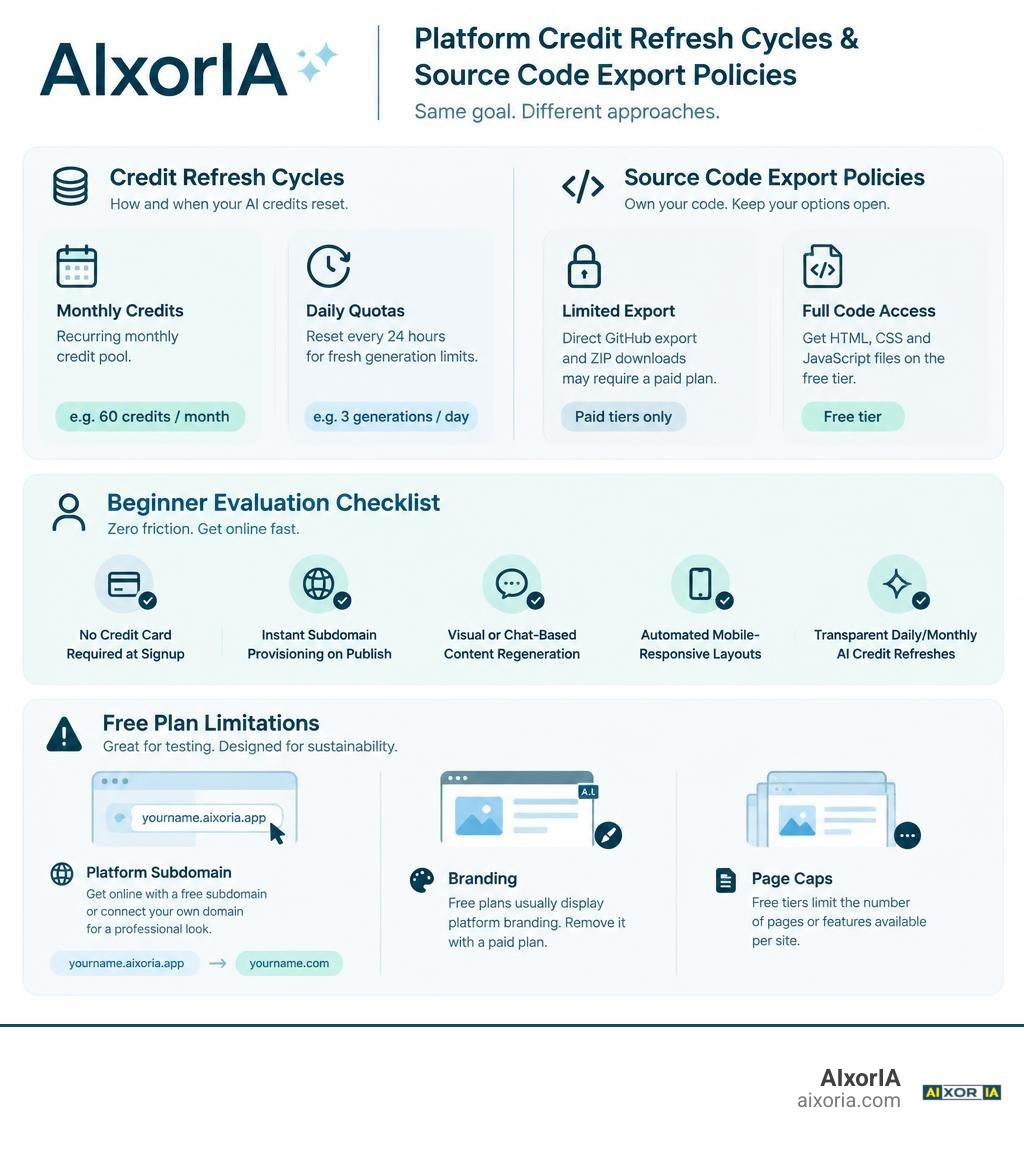 Infographic comparing platform credit refresh cycles and source code export policies infographic