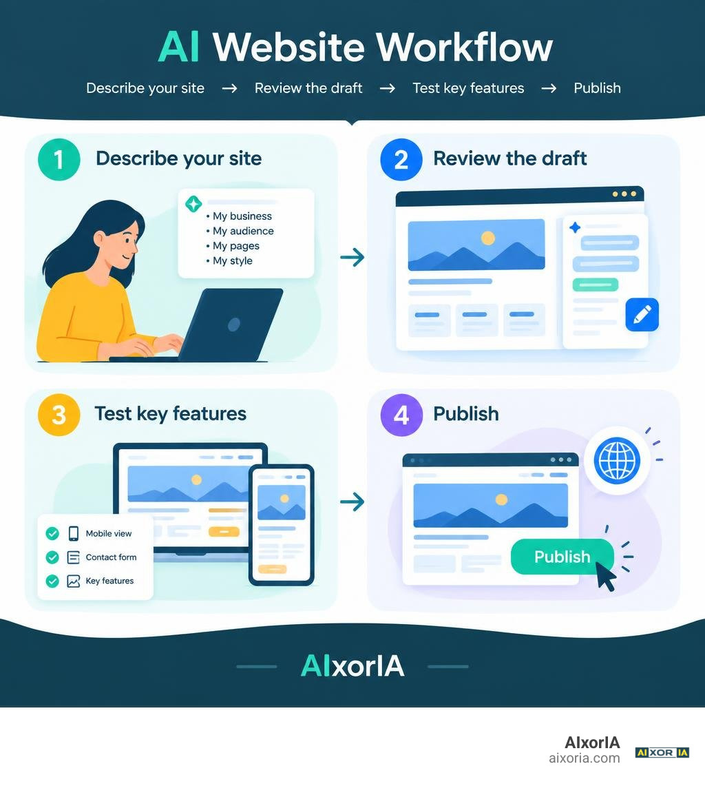 AI website workflow: describe your site, review the draft, test key features, and publish infographic