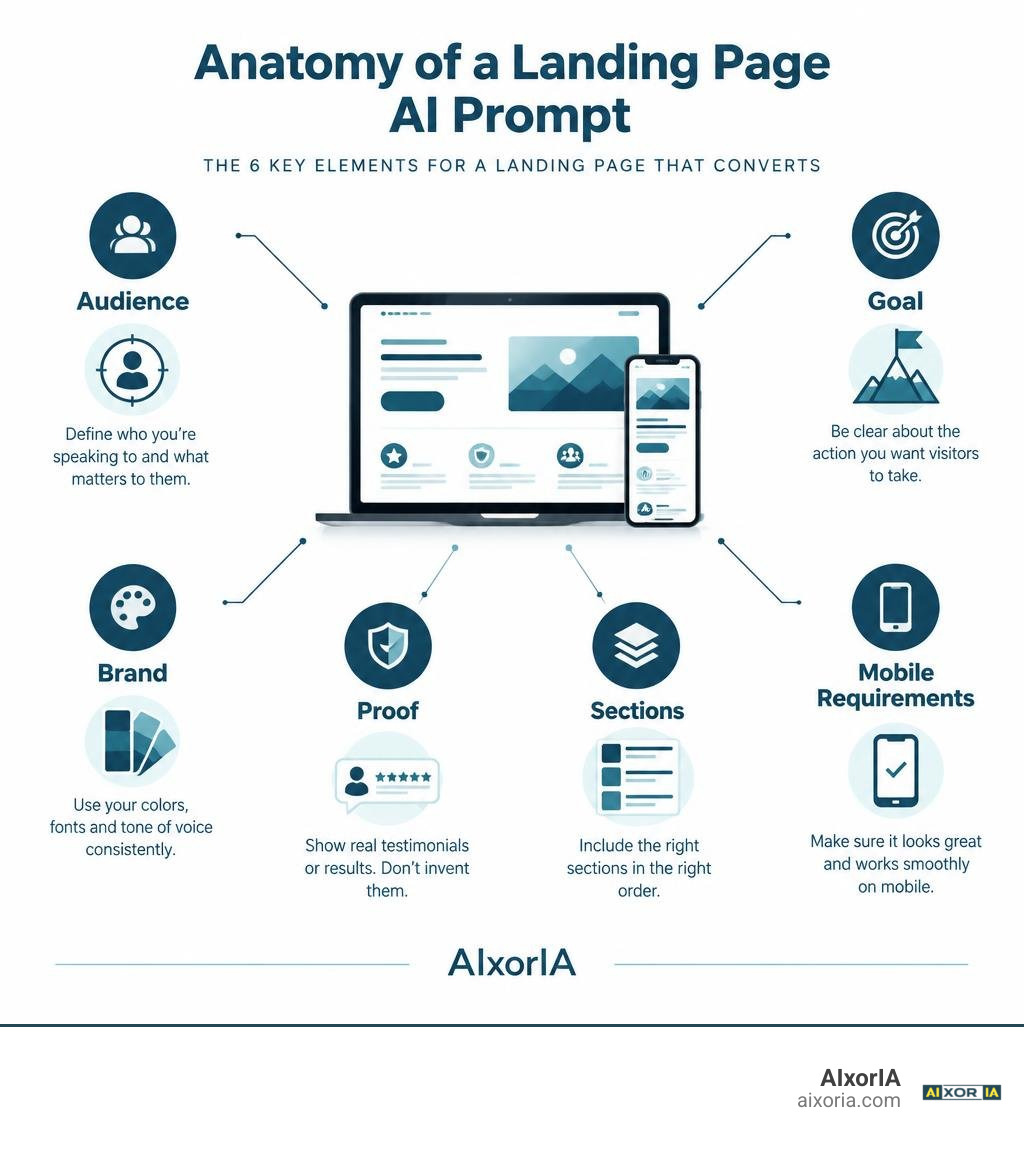 Anatomy of a landing page AI prompt: audience, goal, brand, proof, sections, and mobile requirements infographic Anatomy of a landing page AI prompt: audience, goal, brand, proof, sections, and mobile requirements infographic