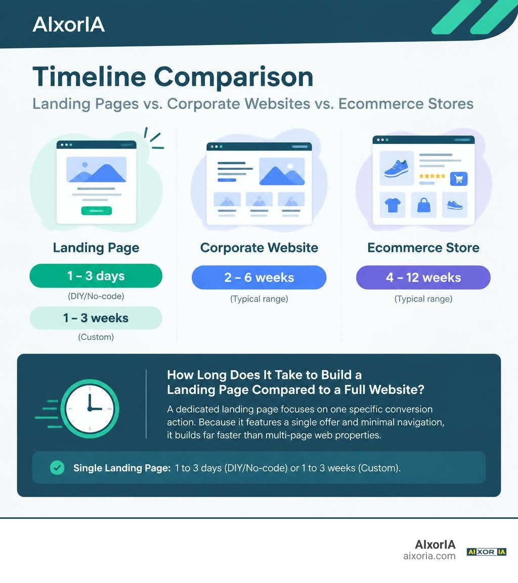 timeline comparison between landing pages, corporate websites, and ecommerce stores infographic