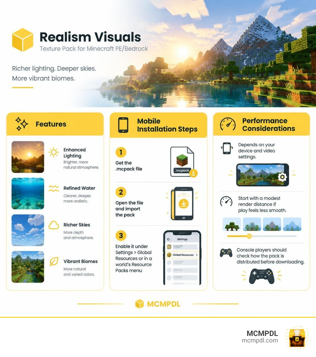 Realism Visuals features, mobile installation steps, and performance considerations infographic