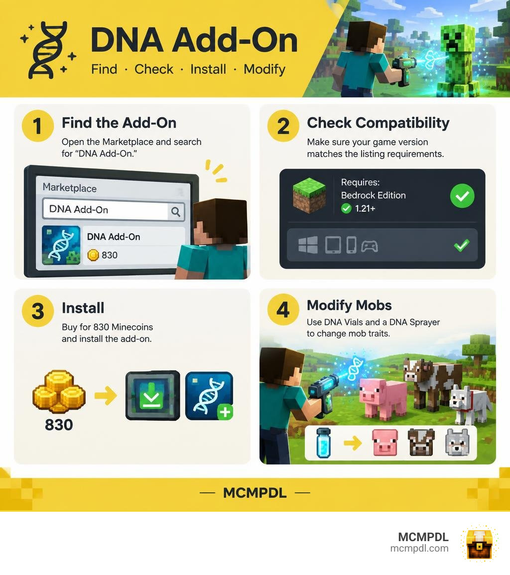 How to find the Bedrock DNA Add-On, check compatibility, install it, and modify mobs infographic How to find the Bedrock DNA Add-On, check compatibility, install it, and modify mobs infographic