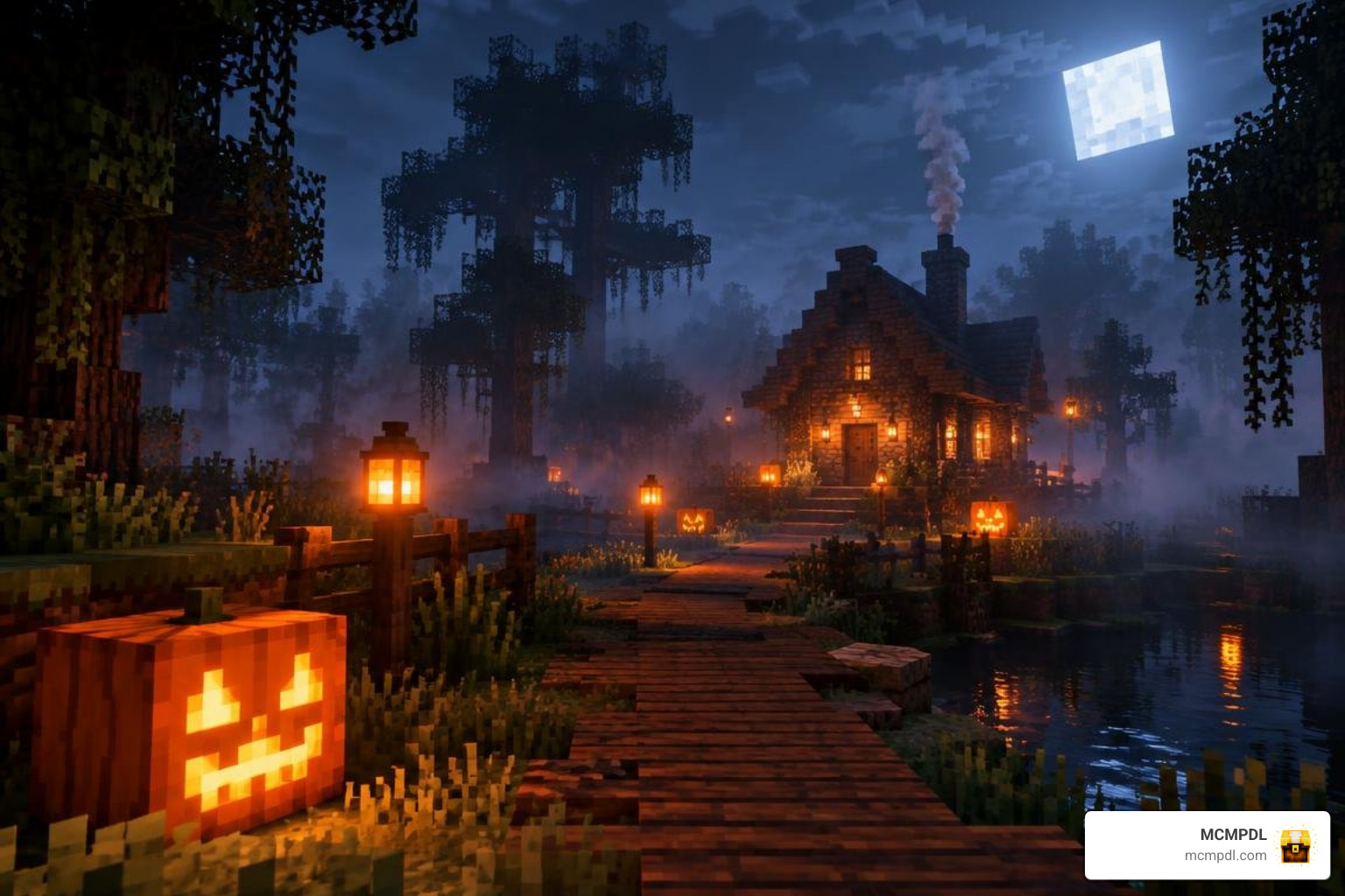 Bedrock Halloween world rendered with dynamic lighting and fog