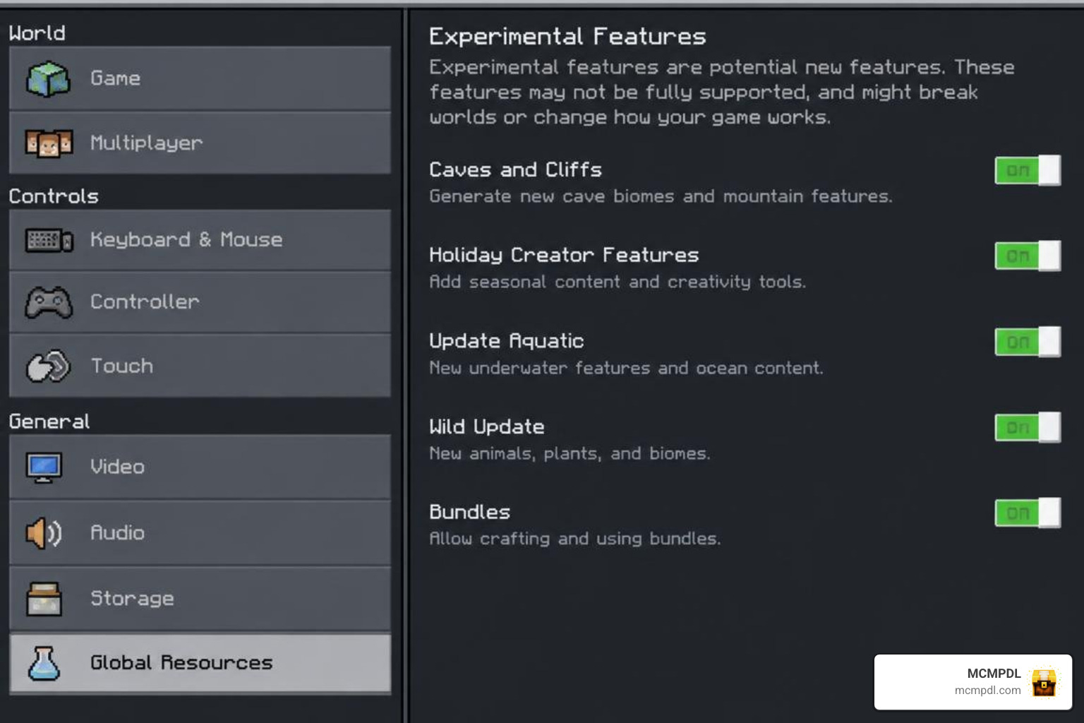 Minecraft Bedrock settings interface showing experimental feature toggles enabled Minecraft Bedrock settings interface showing experimental feature toggles enabled