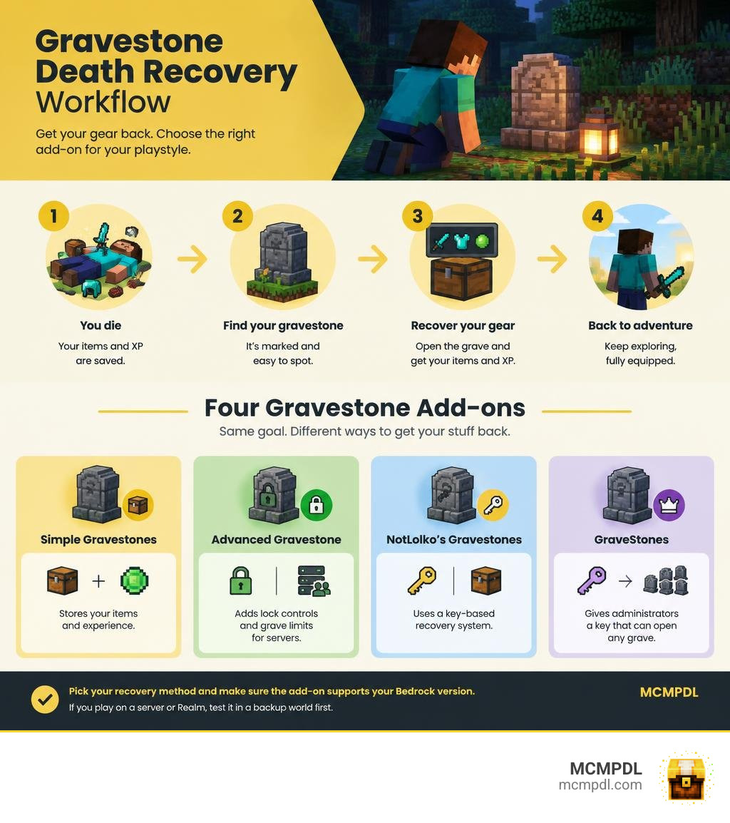Gravestone death recovery workflow and key differences between four Bedrock add-ons infographic Gravestone death recovery workflow and key differences between four Bedrock add-ons infographic