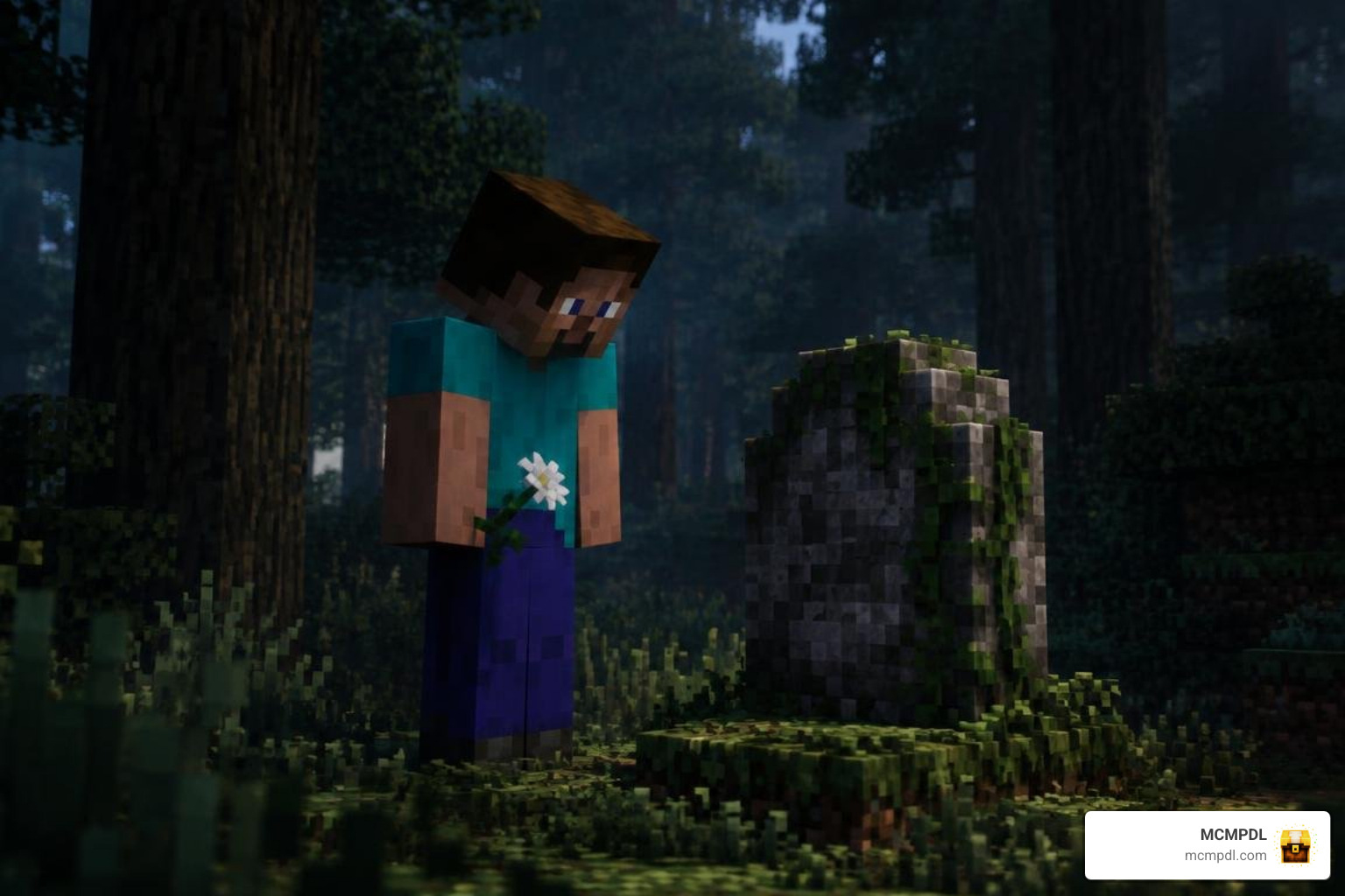 Minecraft player beside a gravestone in a dark forest Minecraft player beside a gravestone in a dark forest