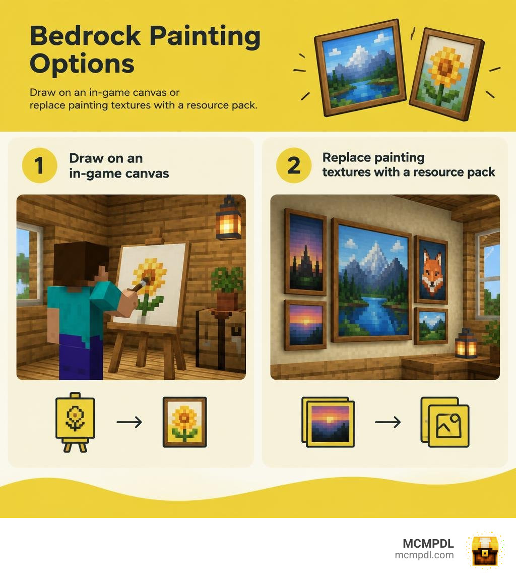Bedrock painting options: draw on an in-game canvas or replace painting textures with a resource pack infographic