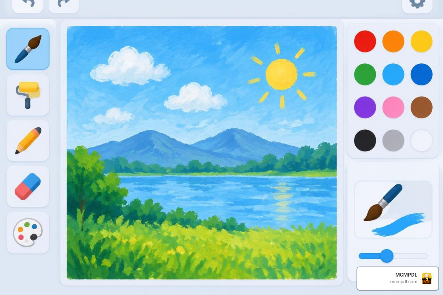 in-game canvas interface with color palette and paint brush tools