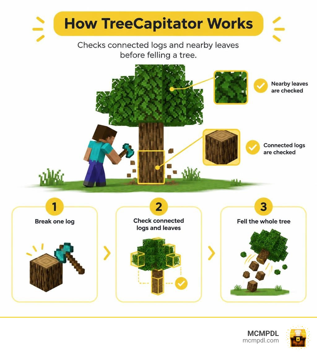 How TreeCapitator checks connected logs and nearby leaves before felling a tree infographic How TreeCapitator checks connected logs and nearby leaves before felling a tree infographic