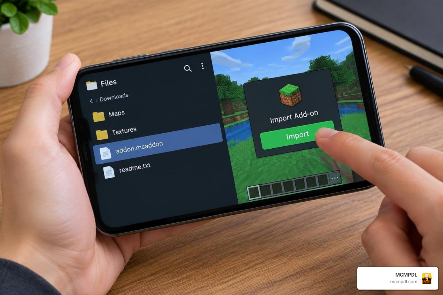 File manager importing addon into Minecraft PE File manager importing addon into Minecraft PE