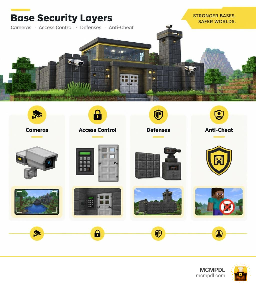 Comparison of base security layers: cameras, access control, defenses, and anti-cheat infographic