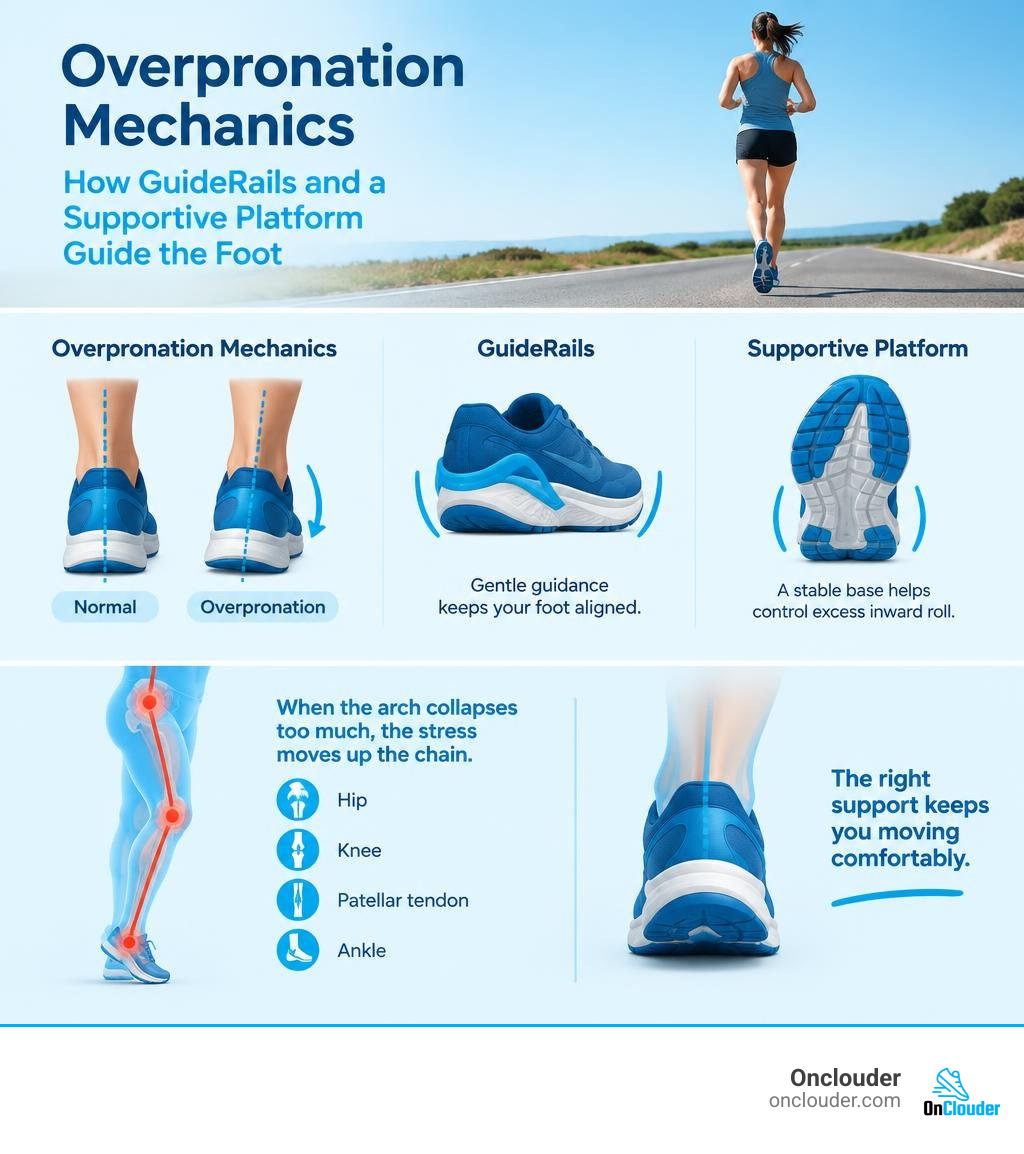 Overpronation mechanics and how GuideRails and a supportive platform guide the foot infographic Overpronation mechanics and how GuideRails and a supportive platform guide the foot infographic