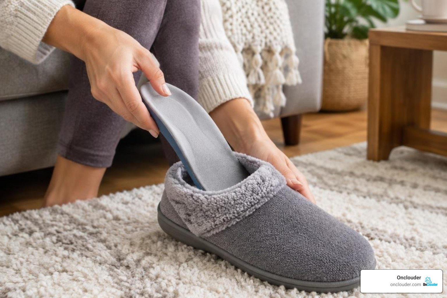 removable orthotic footbed being inserted into a women's slipper