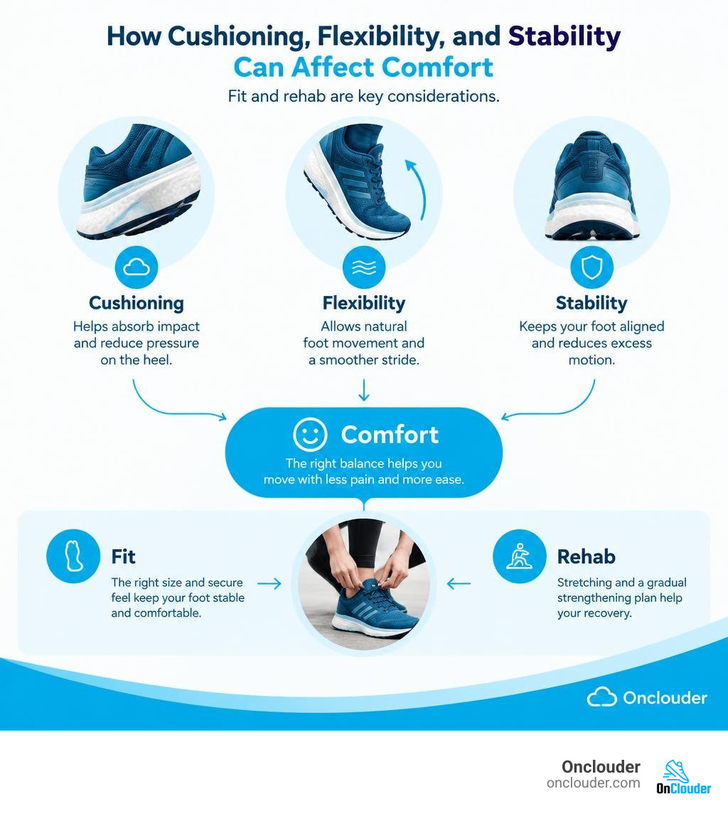 How cushioning, flexibility, and stability can affect comfort, with fit and rehab as key considerations infographic How cushioning, flexibility, and stability can affect comfort, with fit and rehab as key considerations infographic