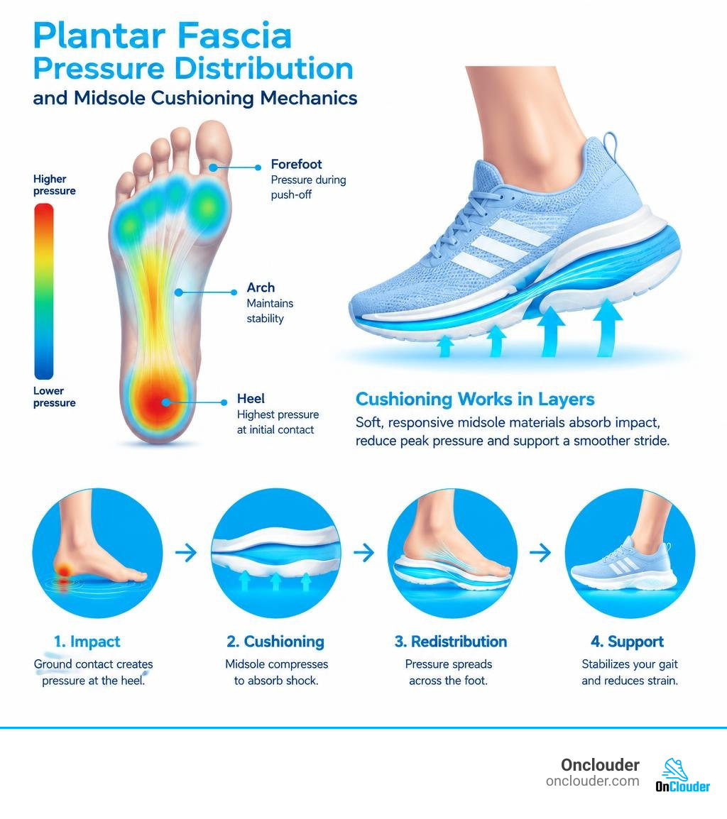 plantar fascia pressure distribution and midsole cushioning mechanics infographic plantar fascia pressure distribution and midsole cushioning mechanics infographic