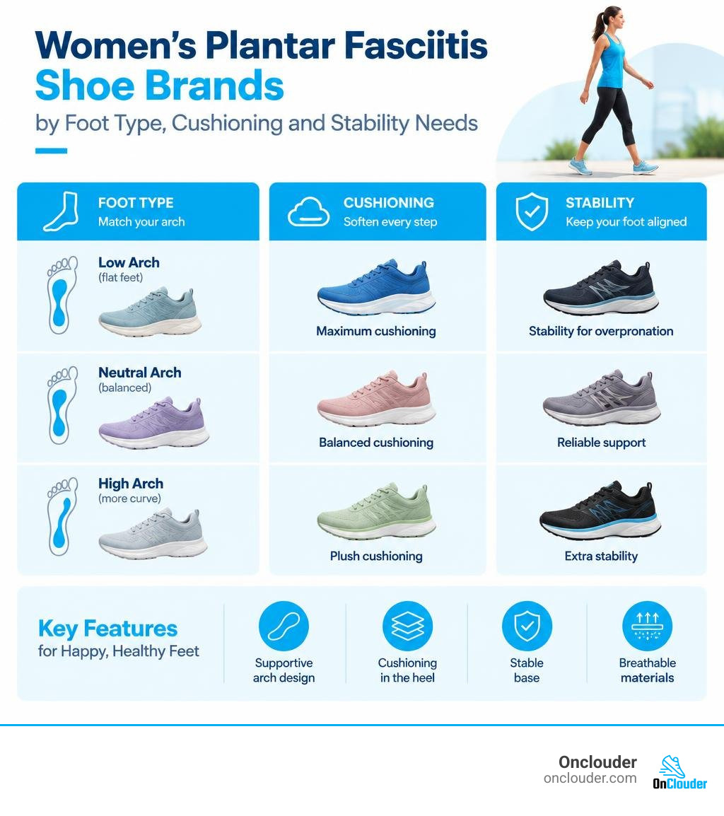 Women's plantar fasciitis shoe brands by foot type, cushioning, and stability needs infographic Women's plantar fasciitis shoe brands by foot type, cushioning, and stability needs infographic