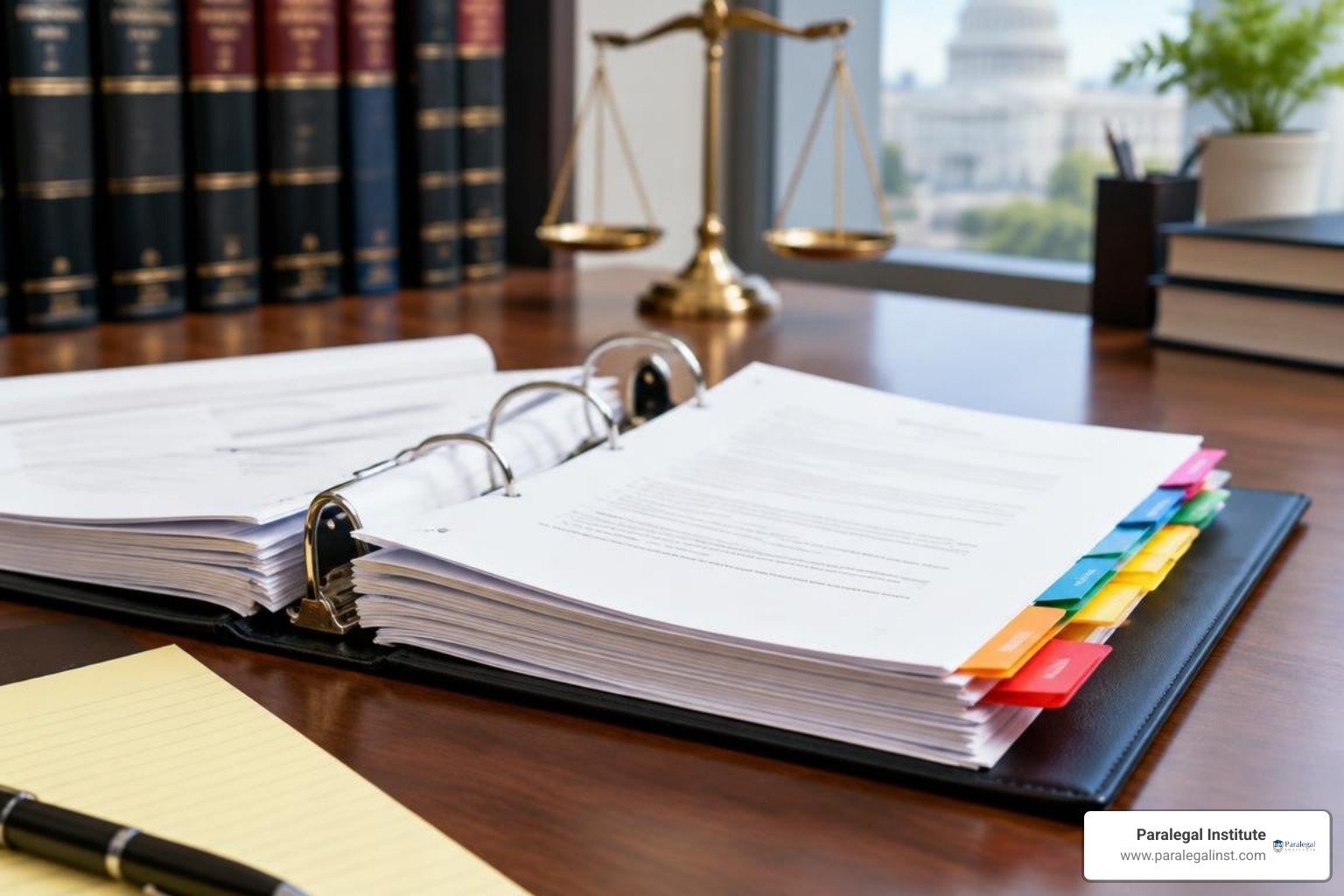 color-coded tabs and indexed reference materials in legal binders