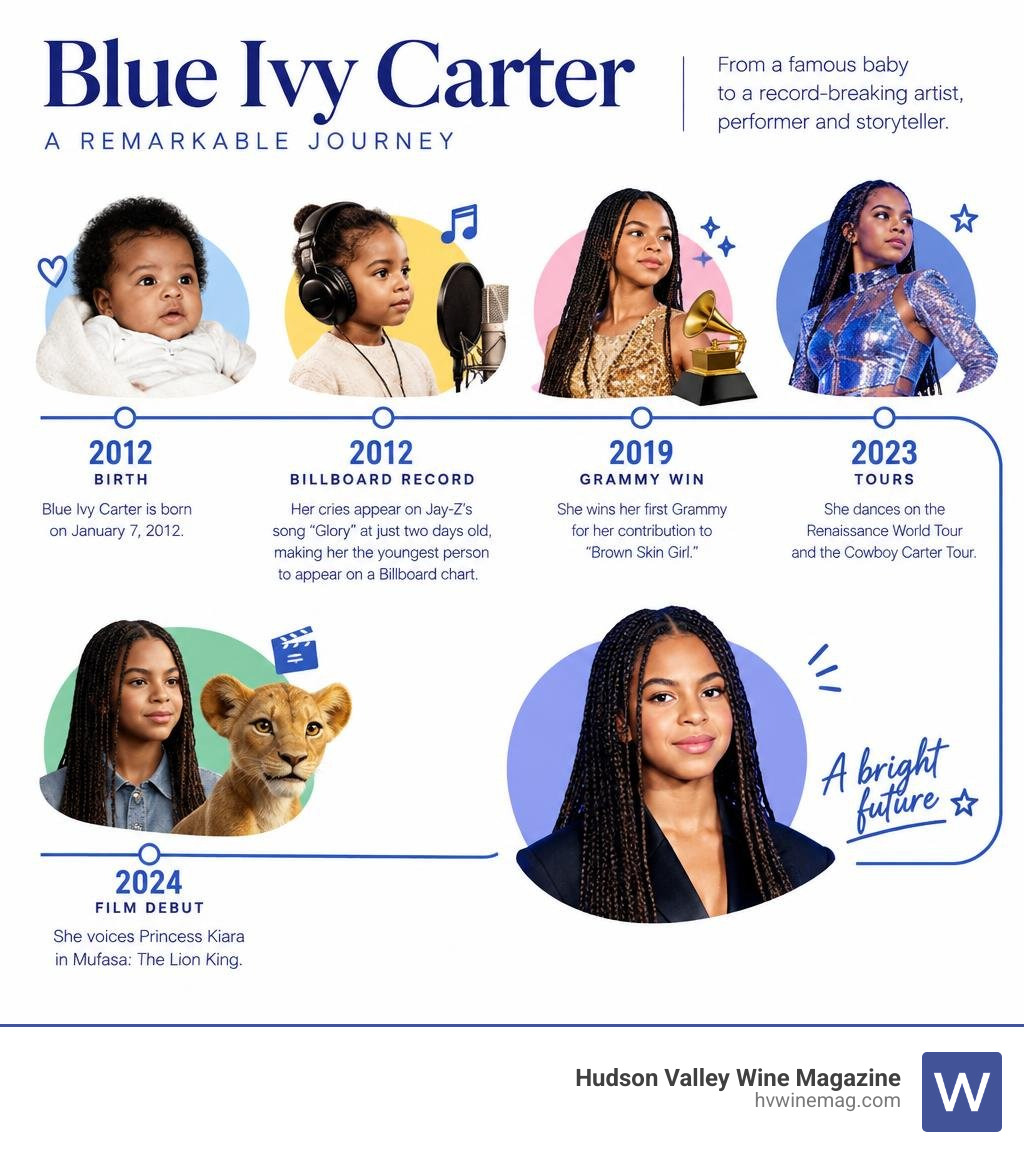 Blue Ivy Carter timeline from 2012 birth and Billboard record to Grammy win, tours, and film debut infographic Blue Ivy Carter timeline from 2012 birth and Billboard record to Grammy win, tours, and film debut infographic