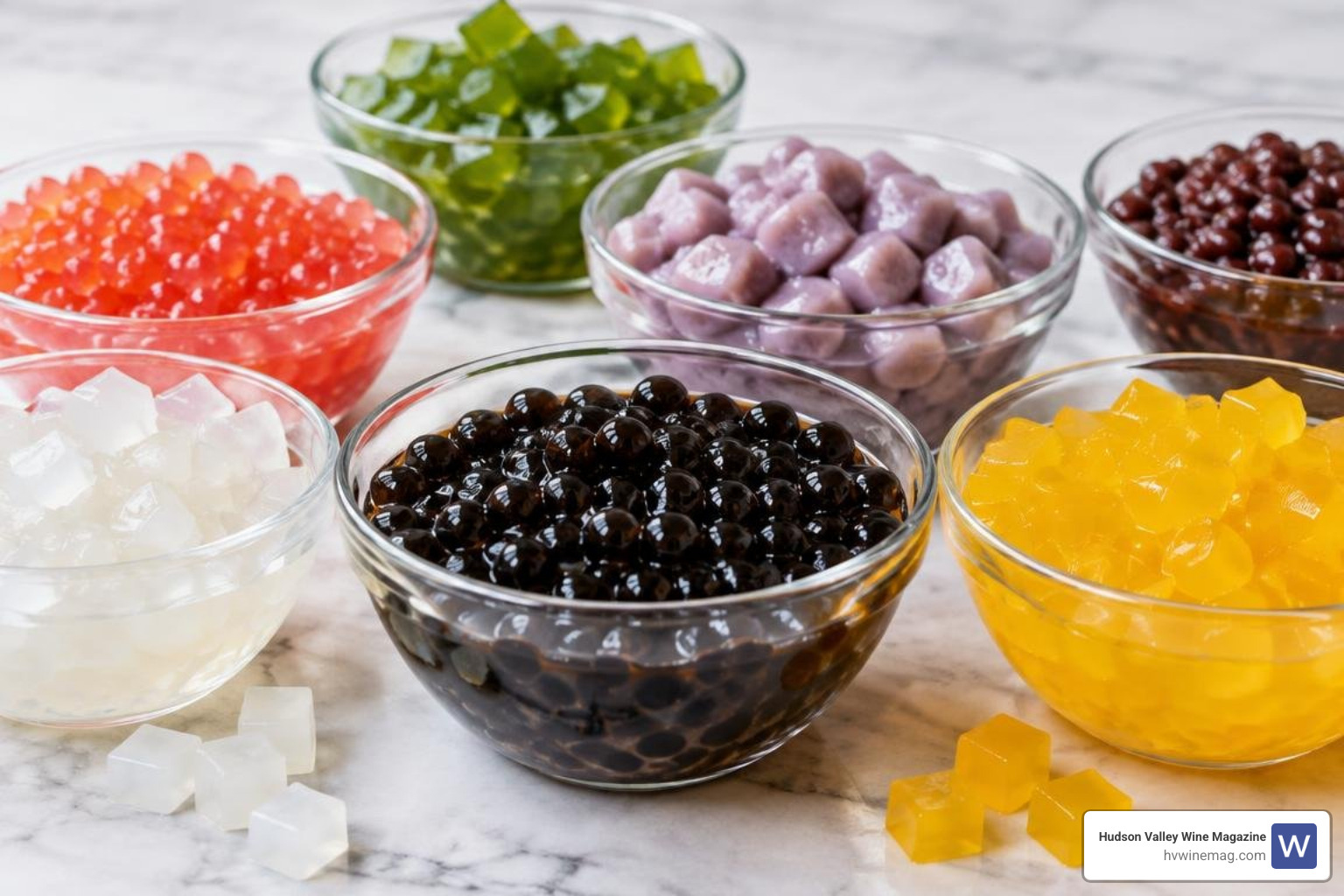 assorted bubble tea toppings displayed in clear bowls including boba and jellies assorted bubble tea toppings displayed in clear bowls including boba and jellies
