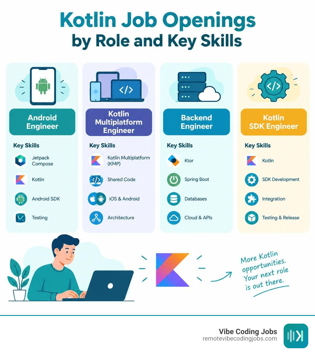 Kotlin job openings by Android, multiplatform, backend, and SDK role, with key skills for each infographic
