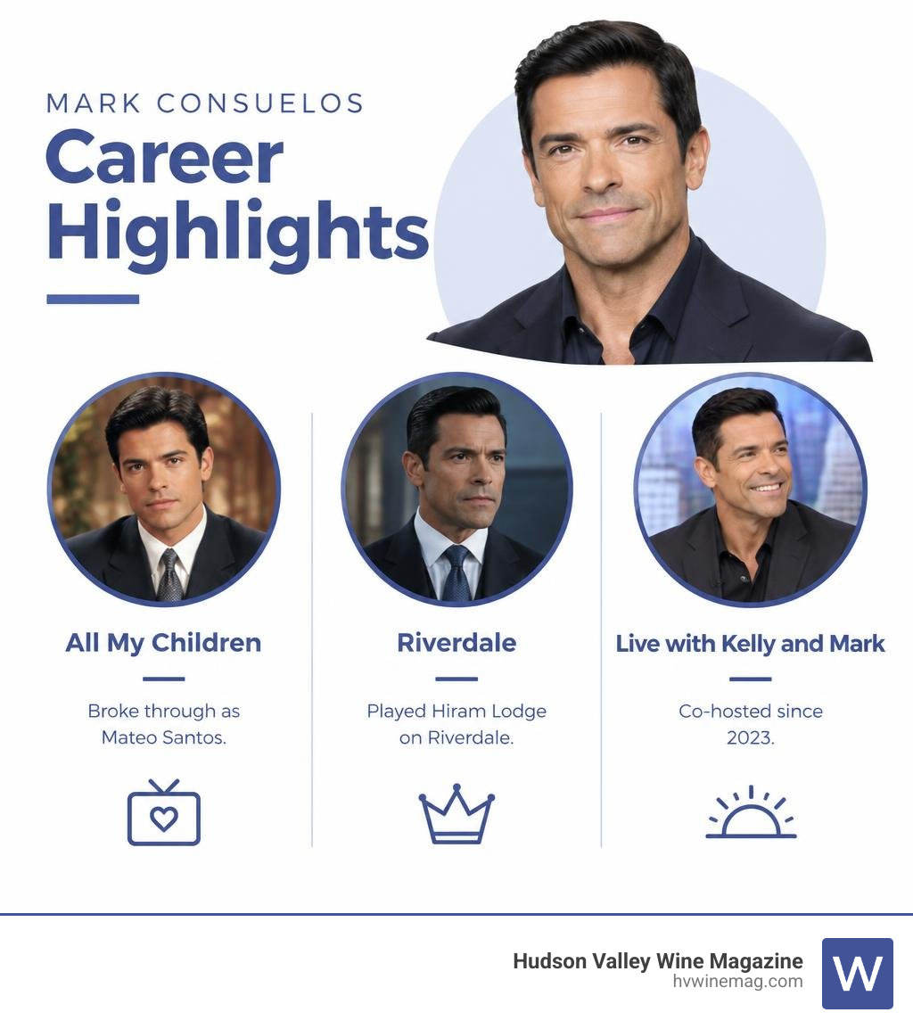Mark Consuelos career highlights: All My Children, Riverdale, and Live with Kelly and Mark infographic Mark Consuelos career highlights: All My Children, Riverdale, and Live with Kelly and Mark infographic