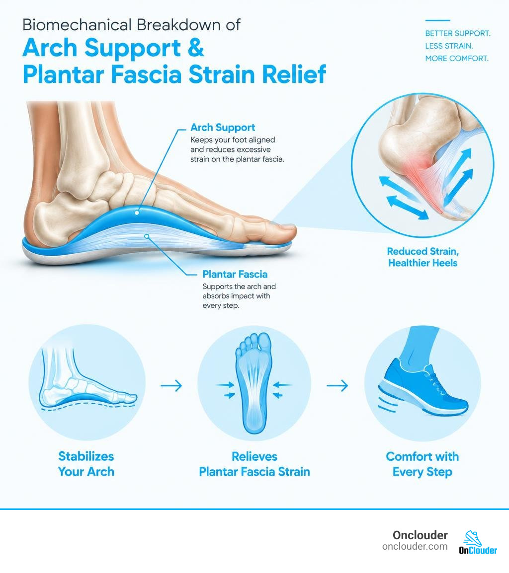 Biomechanical breakdown of arch support and plantar fascia strain relief infographic Biomechanical breakdown of arch support and plantar fascia strain relief infographic